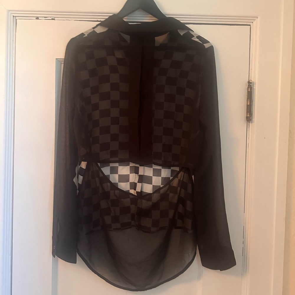 Title: Icône Sheer Checkered Blouse with Back Cutout – Size M - Picture 2 of 3